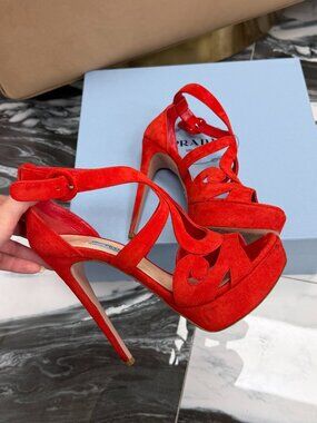 Prada Red Suede Platform Heels Strappy Sandals Stiletto Ankle Strap Size 37